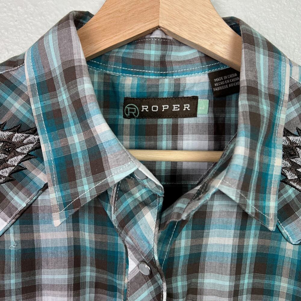 Roper Women's Large Plaid Print Embroidered Pearl Snap Western Shirt Long Sleeve - Picture 4 of 9